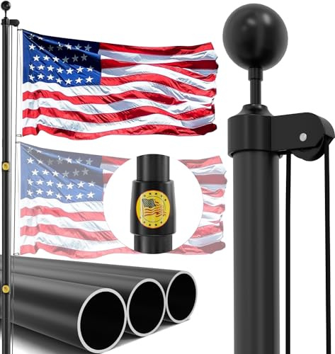 IIOPE 25FT Heavy Duty Flag Pole Kit, High Hardness Aluminum, Patented Reinforced Joint System, Black Residential Flagpole for Outside House, All Hardware to Fly Two Flags, Easy to Assemble