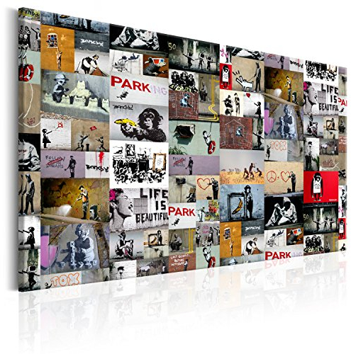 B&D XXL - Akustikbild Banksy Collage Bilder Akustikschaum Hochleistungsschallabsorber Schallschutz Leinwand 1 tlg Wandbild Raumakustik Schalldämmung Street Art Mural Graffiti