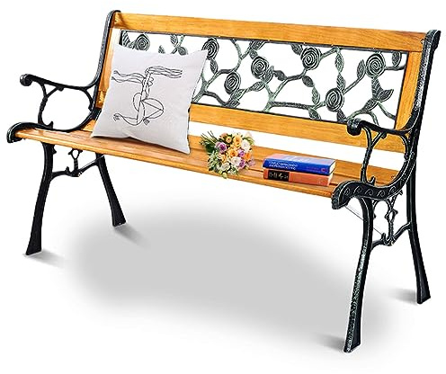 SFAREST 2-3 Seater Garden Bench, Outdoor Wooden Loveseat with Rose Style Design, Metal Slatted Cast Seating Chair for Patio Backyard Poolside (Flat Back)