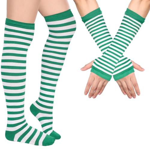 Blulu Calentadores de Brazos y Piernas Calcetines Medias hasta Rodilla a Rayas Guantes sin Dedos para Mujer (Blanco y Verde)