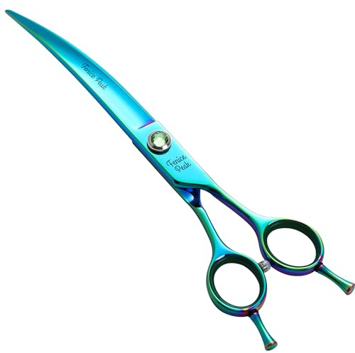 Fenice Peak 7.5'' Green Curved Dog Grooming Scissors Pet Shears with Ergonomic Offest Handle and Simulated Emerald Screw 440C Grooming Scissors Trimming Shears Durable and Sharp