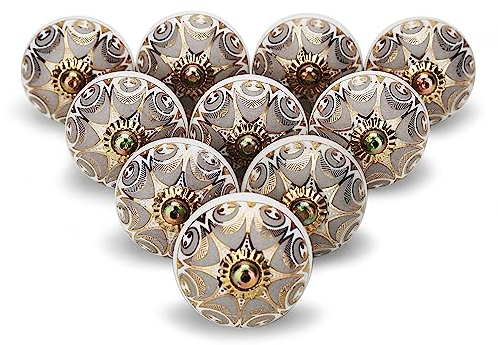 FURNISHFUL FINESSE Schrankknöpfe, Boho-Grau, Keramik, Kommodengriff, Küche, verschiedene Küchenschränke, Schrankknauf, Bauernhaus-Dekor, Möbelbeschläge, goldene Garderobe, Innendekor-Knöpfe – 4 Stück