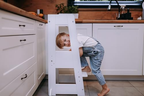 Viculii Learning Tower Explorer | Montessori White Wooden Learning Tower | Kids Kitchen Helper Stool Step | Solid Beech Wood