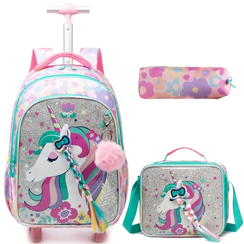 HTgroce Trolley Rucksack Mit Rollen, Federmäppchen, Lunch Tasche 3 in 1 Leicht Rolling Schulranzen für Mädchen, Schultaschen Trolley Sets