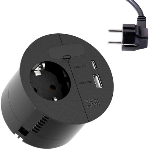 BACHMANN Prise encastrable LOOP IN CHARGE - 1 prise 1 x USB A/C 22 W - Avec passe-câble de 2 m - Pour bureau, salle de réunion et salon - Noir - 938.201