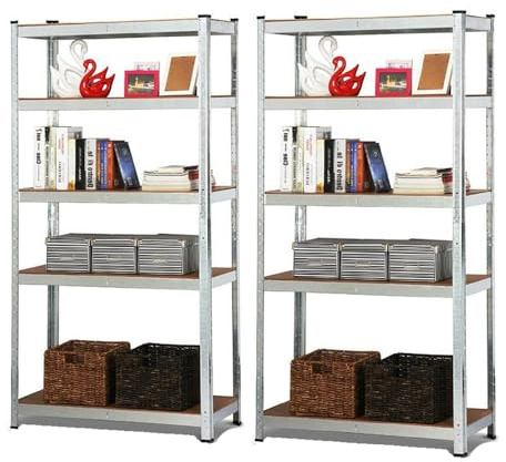 Rigogo 2 Stück Schwerlastregal 170x75x30 cm, Haushaltsregal Steckregalegal Metall, Verstellbare Werkstattregal Lagerregal mit 5 MDF Regalböden, Einfache Installation, bis 875 kg Belastbar, Verzinkt