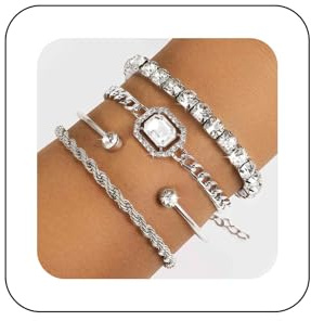Xmsrn Vintage Geschichteten Kristall Tennis Armband Strass Armreif Armband Set Silber Klobig Cz Kandare Kette Armband Kristall Quadrat Armband Schmuck Für Frauen Und Mädchen （silver）