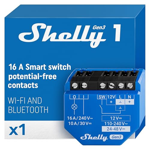 Shelly 1 Gen3 - Interruptor Relé Inteligente Con Contactos Secos, Wi-Fi Y Bluetooth, Control Remoto De Luz Por App, Compatible Con Alexa Y Google Home, No Requiere Hub, Chip Shelly De 8MB