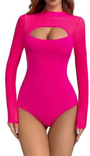 EVELIFE Women's Bodysuit Sexy Long Sleeve Cut out Top Ladies Sheer Mesh Turtle Neck Stretchy Basic Leotard(Pink,L)