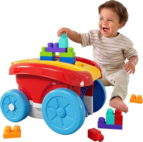 MEGA Bloks First Builders-byggleksak för barn, klosskopa med 20 delar och inbyggd förvaring, plockar upp klossar, röd, för barn från 1 år, JFR30