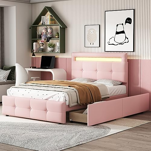 Dolamaní Modern Jugendbett 90x200 cm Polsterbett mit Bettkasten, Bett mit Lattenrost & Stauraum, Polster Kopfteil mit Ablagefach, Leinenpolsterung, Kinderbett für Jungen & Mädchen (Rosa)