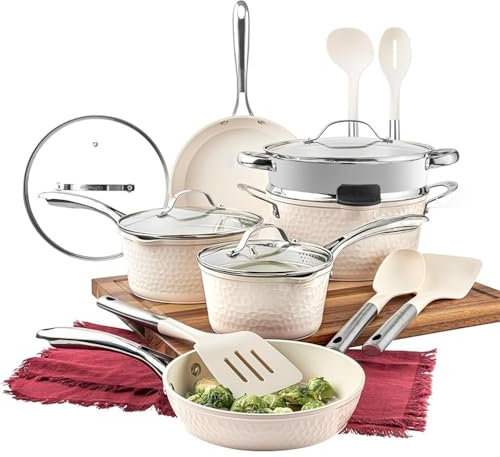 HJZSZX Juego de ollas y sartenes de cerámica martillada de 15 piezas Juego de ollas y sartenes antiadherentes Juego de utensilios de cocina de acero blanco crema apto para lavavajillas Kit de cocin