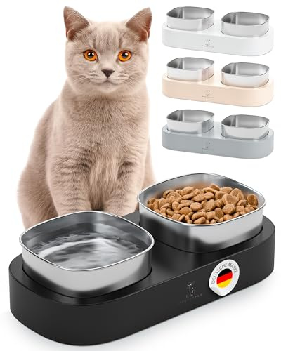Pretty Paw Katzennapf Erhöht mit 2 Edelstahl Schalen, Schwarz | Futternapf für Katzen, Rutschfeste Plattform, Ergonomische Fresshöhe, Spritzschutz, Katzen Napfset für Futter und Wasser