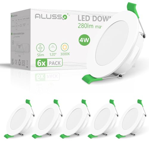 ALUSSO LED Einbaustrahler 230V Flach IP44, 4W LED Spots 280LM, Warmweiß 3000K Einbauleuchten, 30mm Ultra Flach, Einbauspot Loch 55-68mm, Deckenspots für Badezimmer Küche Wohnzimmer, 6er Set