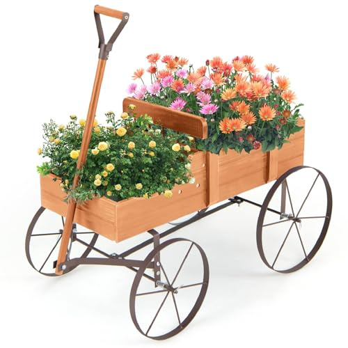 TANGZON Wagon Garden Planter, Decorative Plant Pot Stand with Rotatable Handle & 4 Wheels, Indoor Outdoor Wooden Flowers Wagon Cart for Park, Backyard and Patio (Orange)