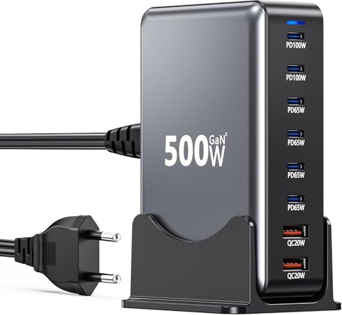 Suoxiom 500W Caricatore USB C Multiplo - Stazione di Ricarica USB Multipla GaN III Sicuro 8 Port, Caricabatterie Multi Usb Portatile da Viaggio con PD 100W per Laptop/QC 20W, Compatible i-Phone 16/15