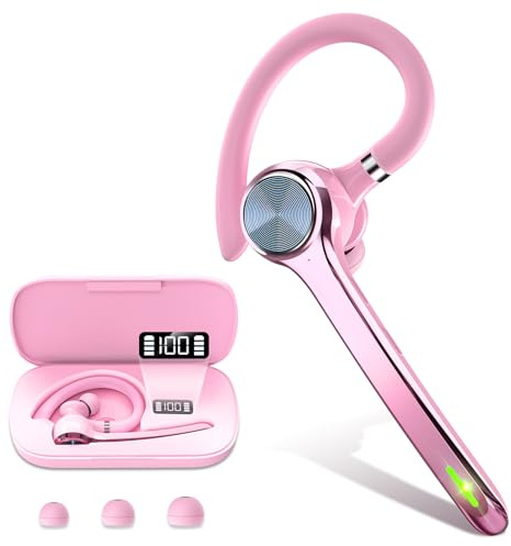 HEIBAS Bluetooth Headset, Wireless Bluetooth Earpiece with 500mAh Charging Case 72 Hours Talking Time Built-in Microphone for iOS Android Cell Phone, V5.1 Hand-Free Headphones for Trucker, Office-Pink