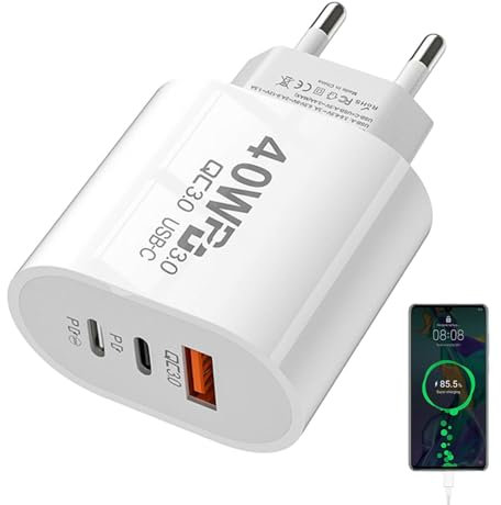Chargeur USB C 40W Rapide, Chargeur Rapide Double PD QC3.0 Triple Port ChargeurPrise Type C Adaptateur Secteur, Portable Prise Type C Adaptateur Secteur pour Smartphone, Lecteur Électrique