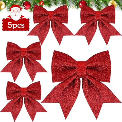 BBLTIFF Lazos Navideños con Purpurina, 5 Piezas 21x24cm + 17x18cm Grande Lazos para Arbol de Navidad, Lazos Navidad para Árbol de Navidad Rojo Adornos Arbol Navidad para Navidad, Fiestas
