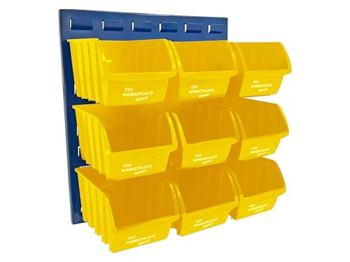 The Workplace Depot Louvre Storage Bin Kit – 500(H) × 460(W) mm Steel Panel with Colour-Coded Polypropylene Bins for Workshop, Garage & Warehouse Tool Organisation (Yellow, with x9 Medium Bins)