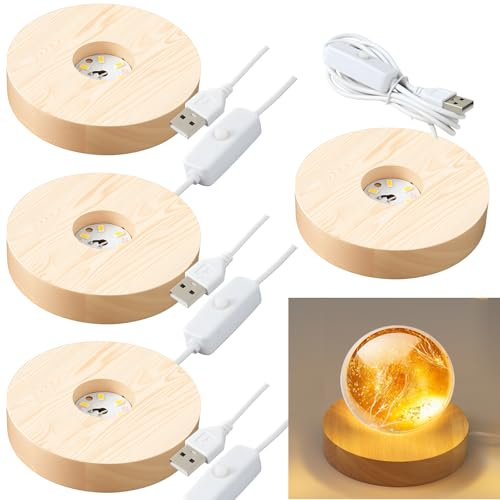 Sileasncei 4 Pack Wooden LED Light Display Base with Switch, 3.9” Round Warm Light Stand for Crystal Glass Ball Figurine, USB Powered Lighted Holder for Resin Crafts, Art Decoration