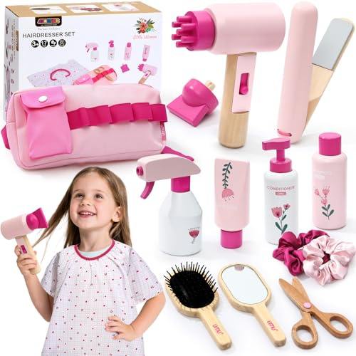 Atoylink Set Parrucchiera Bambina in Legno, Set di Giocattoli per Acconciature con Phon Bambini Trucchi Accessori, Salon Giocattoli Giochi Legno Regalo per Bambini Bambina Ragazza 3 4 5 6 7 Anni
