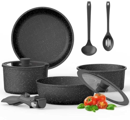 PureGlow Topfset 9-teilig, abnehmbare Griffe, pfannenset induktion, Schwarz