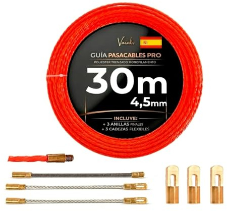 VARALS - Guía Pasacables Profesional 4,5mm 30m | Incluye 6 Puntas intercambiables M5 de Recambio | Gran Fuerza de Empuje | Poliéster Trenzado Monofilamento | Pasacables Eléctrico Electricista
