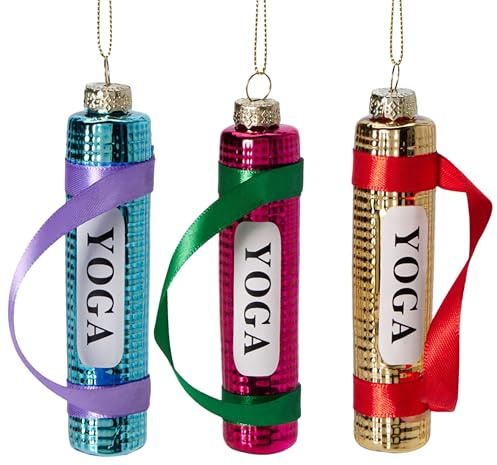 Annastore Christbaumschmuck 3er Set Yogamatte Glas Glitzer L 11 cm Deko | Glashänger für Weihnachtsbaum, moderne Baumhänger, lustige Deko für Advent, Weihnachten, Tannenbaum, Zweige & Geschenk