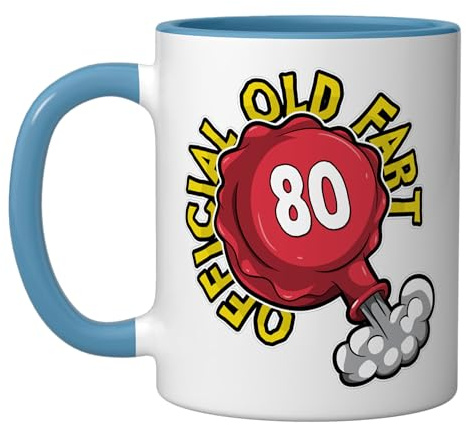 80th Birthday Official Old Fart Funny Red Whopee Cushion Ceramic Mug, Blue/White