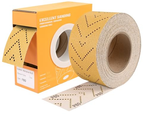 80 Grit Hook and Loop Sandpaper Roll, 70 mm x 12 m Multi-Hole Easy Tear Longboard Sanding Rolls, Wet Dry Sand Paper Sheets for Wood Metal Automotive