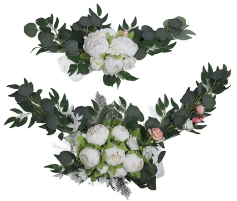 TOPINCN 2-pack Bröllopsbåge Konstblommor, Romantiskt Bröllopsvälkomstceremoniskylt Blomdekoration, Konstgjorda Hängande Blommor Blommorbylt för Utomhusstrandträdgårdsbröllopsdekoration (Vit)