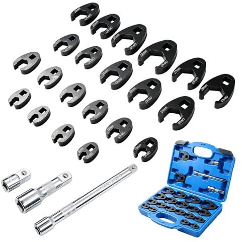 YedZen Crows Foot Spanner Set 24 Pieces, 3/8” 1/2” Open End Drive Crowfoot Wrench Set with Extension Bar & Adapters, 8-32mm Metric Carbon Steel for Narrow Space Repair, Automotive, Mechanic