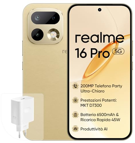 realme 16 Pro 5G Smartphone, 8+256GB, Appareil Photo 200MP OIS, Batterie 6500mAh, Écran Plat 6,78 144Hz, Charge Rapide 45W, Fonctions IA, IP69, Double SIM, Or (avec Adaptateur)