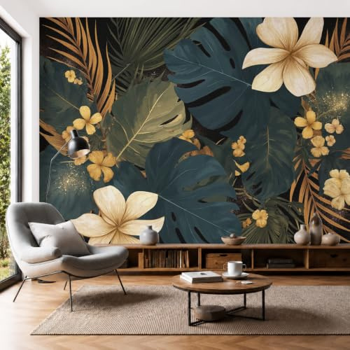 SMBHIAON Papier Peint Panoramique 200×140 cm Fleurs Tropicales Rétro Frangipanier Feuilles De Palmier Décoration Murale Poster Vert Foncé Fresque Murale Salon Chambre Á Coucherr Bureau Salle