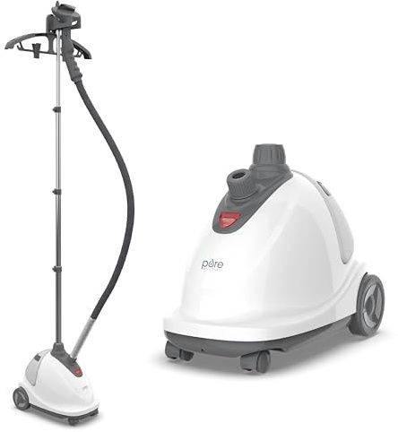 Pure Enrichment PureSteam XL Standing Fabric Steamer - Professional Wrinkle Remover Heats in 45 Seconds; 1/2-Gallon Tank for 1 Hour of Steaming; Easy-Roll Wheels, Garment Hanger, & Fabric Brush