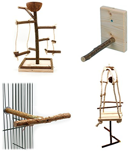 Vogelgaleria® Artgerechtes Wellensittich Spielzeug Set, 4X Vogelzubehör mit Vogelspielplatz, Sitzstangen Schaukel