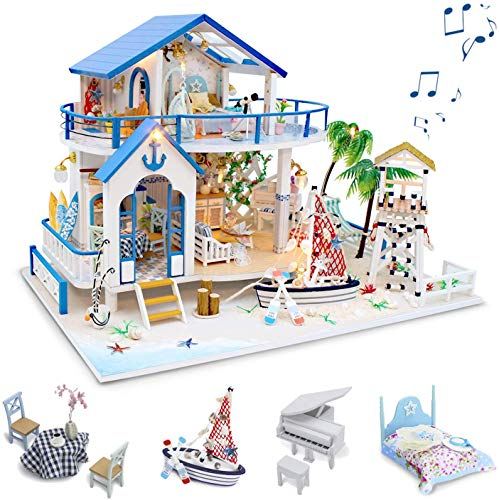 GuDoQi Kit de Maison De Poupée Bricolage, Maison de Poupée Miniature en Bois avec Mobilier et Musique, Modèle de Appartement Fait à La Main, Légende de La Mer Bleue