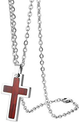 Flongo Frauen Kreuz Halskette Männer Anhänger aus Holz Rosenkranz Kette Silber Jahrgang Herren-Accessoires Modell A