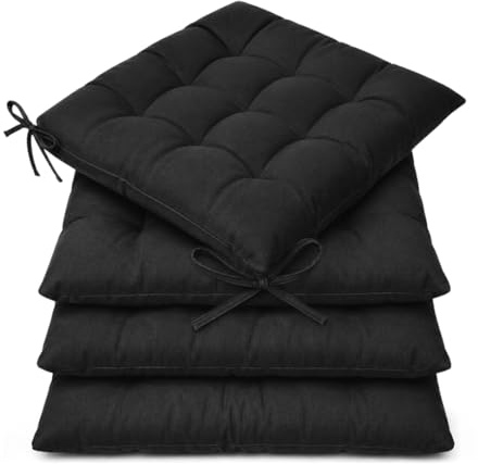 Casabella Pack of 4 Seat Pad for Dining Chair Garden Kitchen Chair Cushion With Tie On_9 Stitch_Black Indoor/Outdoor Comfortable chair pads for Kitchen seat pads 9 stitch cushions