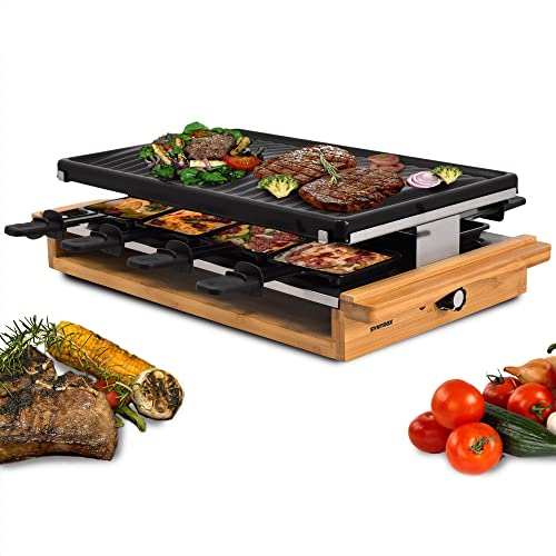 Syntrox Germany RAC-1200WB-Rueti im schicken Holz Design mit Grillplatte für 8 Personen und antihaftbeschichteten Pfännchen
