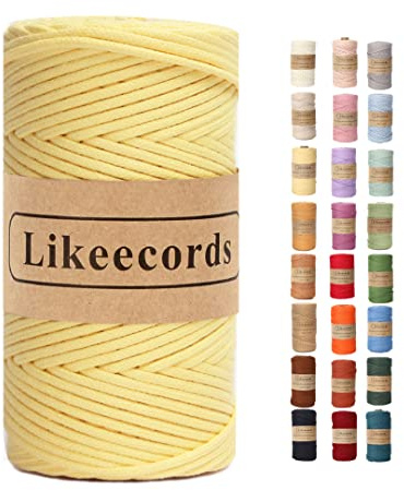 Likeecords makramégarn, flätat 3 mm x 100 m, 100 % naturligt bomullssnöre, makramérep, färgglatt pysselsnöre av bomull för väskor, vägghängningar, växthängare (citron)