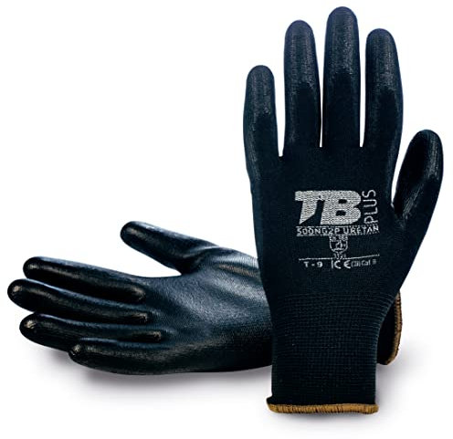 Guante de Trabajo TB 500NG2P URETAN | Paquete 10 Pares Guante de Protección Recubierto de Poliuretano y Soporte de Poliéster Negros. Sin Costuras y Puño Elástico. Resistencia a la abrasión (10)