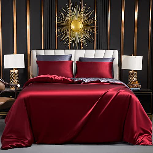 Luofanfei Satin Bettwäsche 155x220 Weinrot Glänzend Sommer Glanzsatin Seidenbettwäsche Rot Uni Glatt Luxus Bettbezug Set 155 x 220 cm Einzelbett mit Reissverschluss und Kissenbezüge 80x80 cm