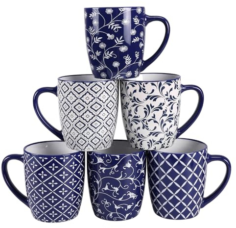 Schliersee 18 OZ Large Coffee Mugs Set of 6, Ceramic Mug for Man Woman, Blue White Geometric Floral Porcelain Cup for Latte, Tea, Cappuccino, Mocha, Cocoa, Housewarming Wedding Mug Present