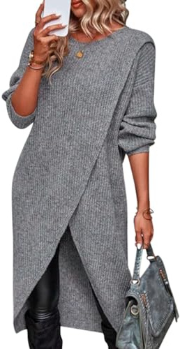 ORANDESIGNE Vestito Donna Maglia Invernale Curvy Maglione Largo Casual Chic Abito Midi Elegante Maglietta Manica Lunga Felpa Pullover Dritto Asimmetrico Vestiti di Maglina a Grigio L