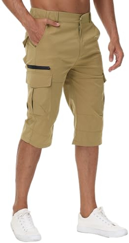 LVCBL Herr 3/4 cykelbyxor snabbtorkande utomhus vandringsbyxor sommar stretch bermudashorts män kort M-3XL, kaki, L