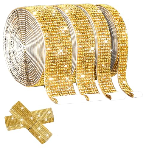 4 Rollen Strassband Selbstklebend, Glitzerband Selbstklebend | Kristall-Strassband-Aufkleber, für Kunst Handwerk, DIY Dekoration, Hochzeit (Gold)