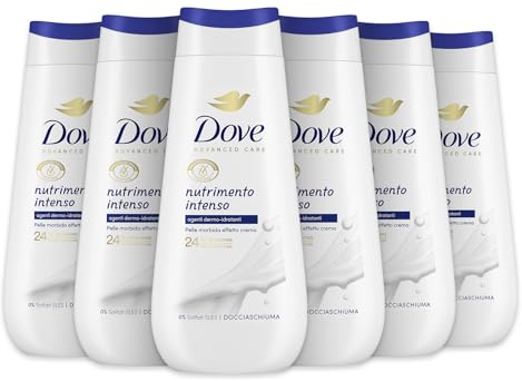 Dove Bagnoschiuma Nutrimento Intenso, Bagnodoccia Idratante, Formula Delicata sul Microbioma della Pelle, con Agenti Idratanti Vegetali, Senza Solfati SLES, Bagnodoccia Uomo e Donna, 6 Pezzi da 225 ml
