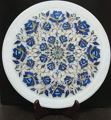 Gifts And Artefacts Marble Plate Made by Creative Hands with Glamorous Look Lapis Lazuli Stone Inlay Work 13 x 13 Inches Round Shape White Pizza Serving Plate
